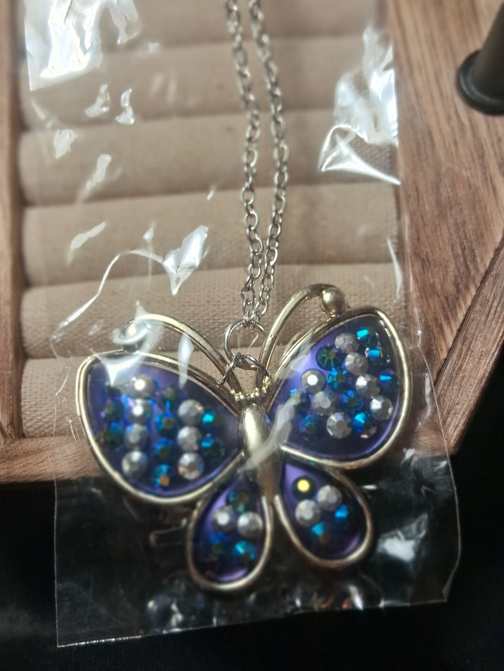Gold-Tone Butterfly Necklace with Blue & Teal Crystal Accents